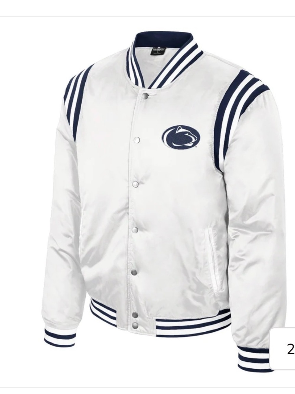 Penn State White Sateen Varsity-Style Jacket with Navy Trim